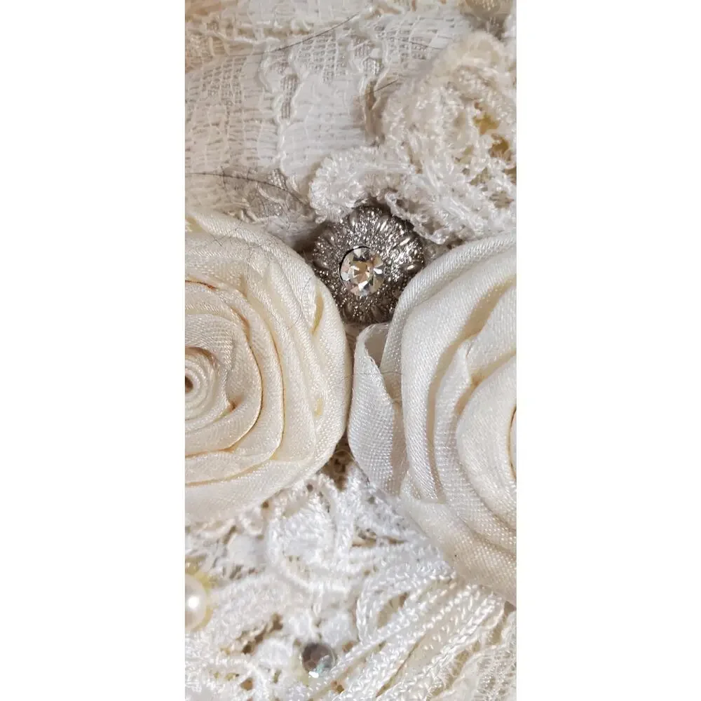 Vintage 80s Marie Palmese Lace Floral Satin Rhinestone Bag Cream Dressy Bridal